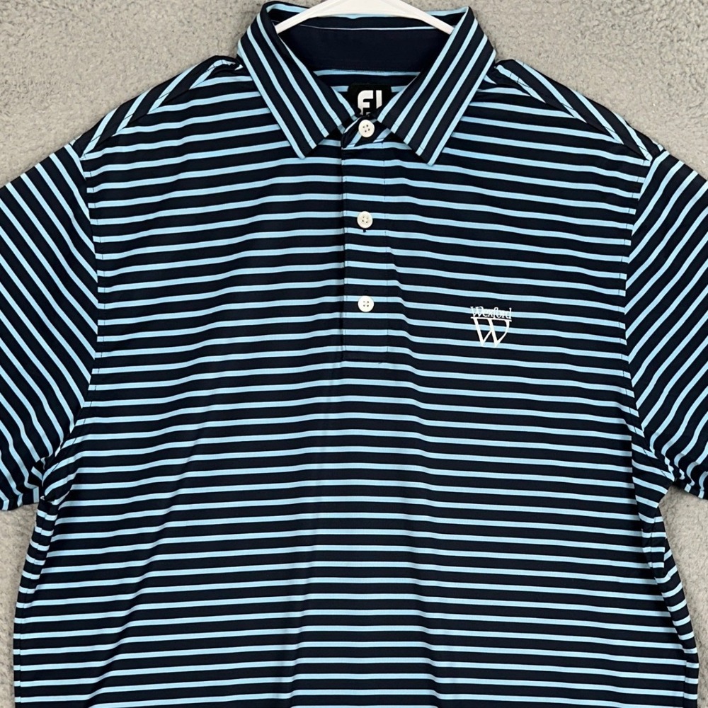 FootJoy Polo Shirt Mens Large Performance Navy Blue Striped Golf Stretch Rugby